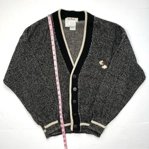 Vintage Sweater Lightning Bolt Patch Black Tan Grandpa Cardigan Size Small - Picture 3 of 12
